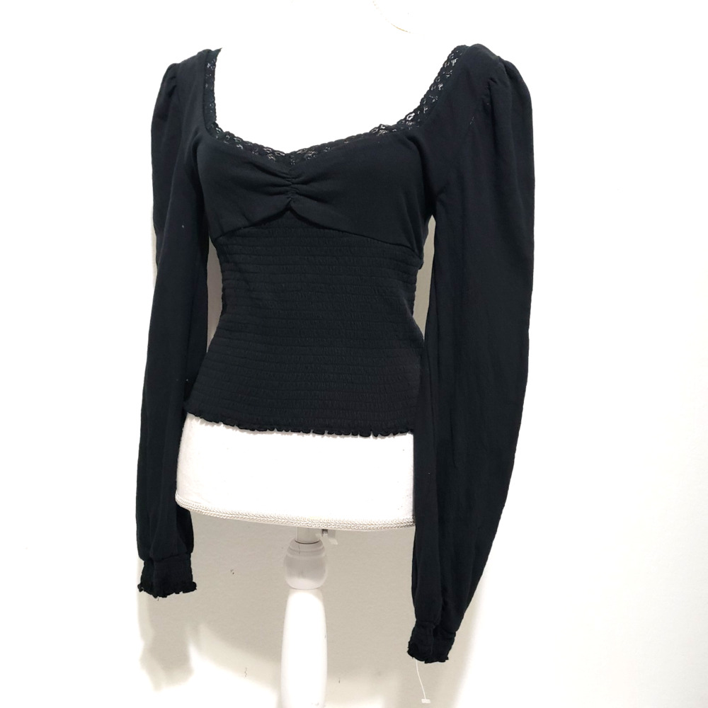 NEW!! BDG Black SIZE XL Smocked Lace-Trim Long Sleeve Blouse Top Urban Outfitter